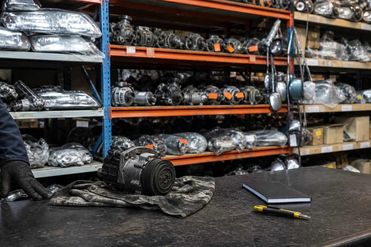Comptoir de vente de pièces détachées automobiles d&rsquo;occasion étiquetées et rangées sur rayonnage