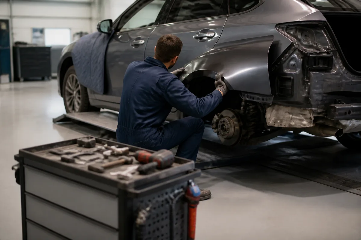 Mécanicien installant une pièce de carrosserie d&rsquo;occasion sur un véhicule dans un atelier de réparation