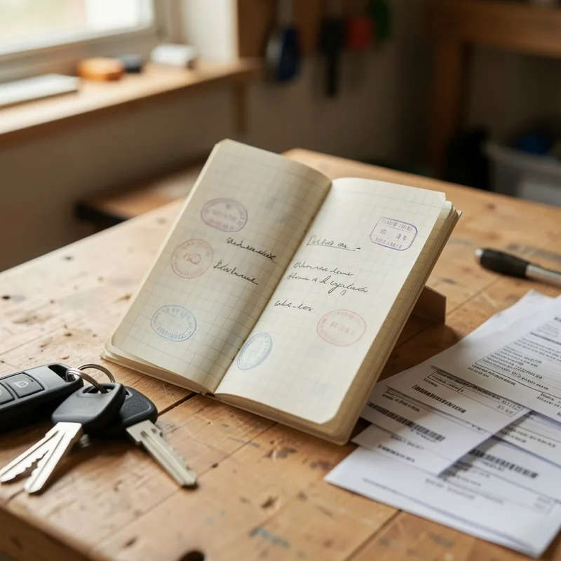 Carnet d&rsquo;entretien automobile ouvert posé à côté d&rsquo;un jeu de clés sur un plan de travail