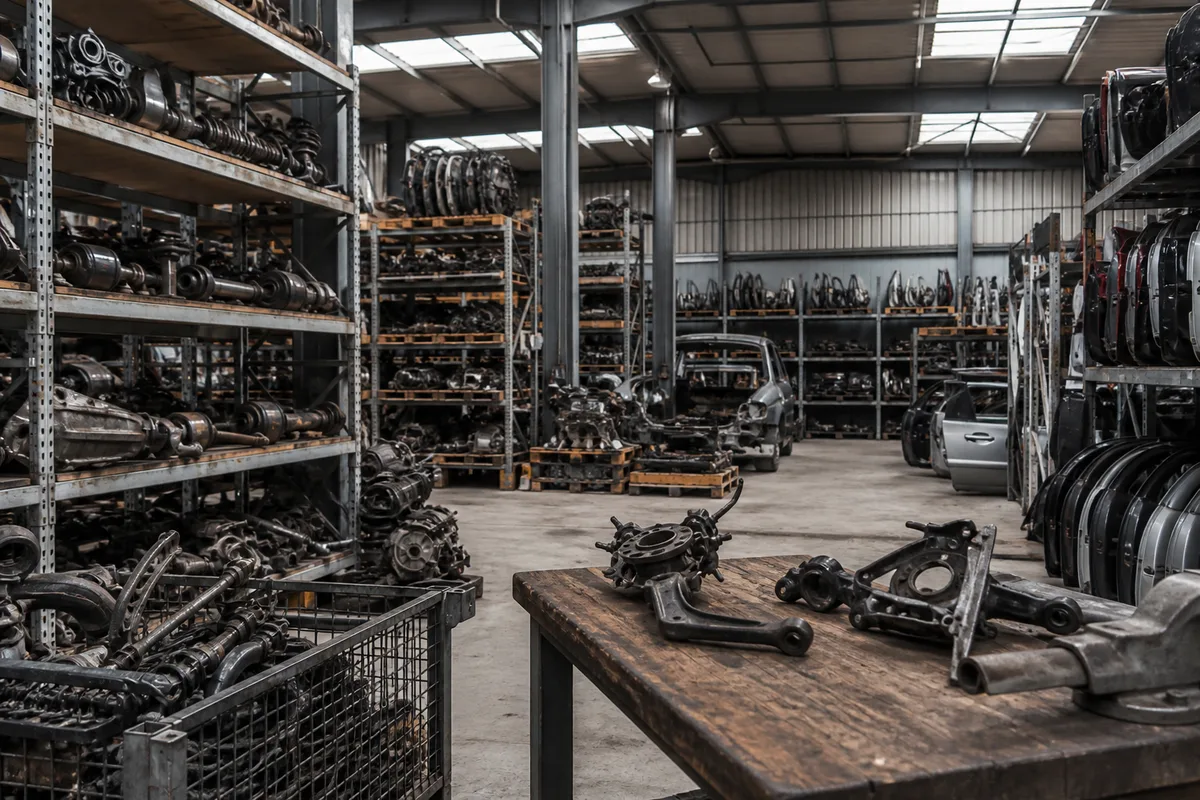 Atelier moderne de déconstruction automobile avec pièces référencées sur étagères métalliques