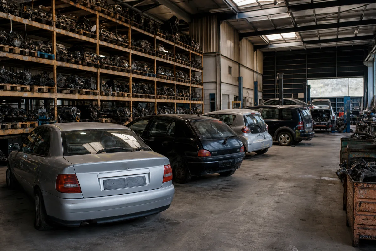 Zone de réception d&rsquo;un centre de déconstruction automobile avec véhicules en attente de traitement