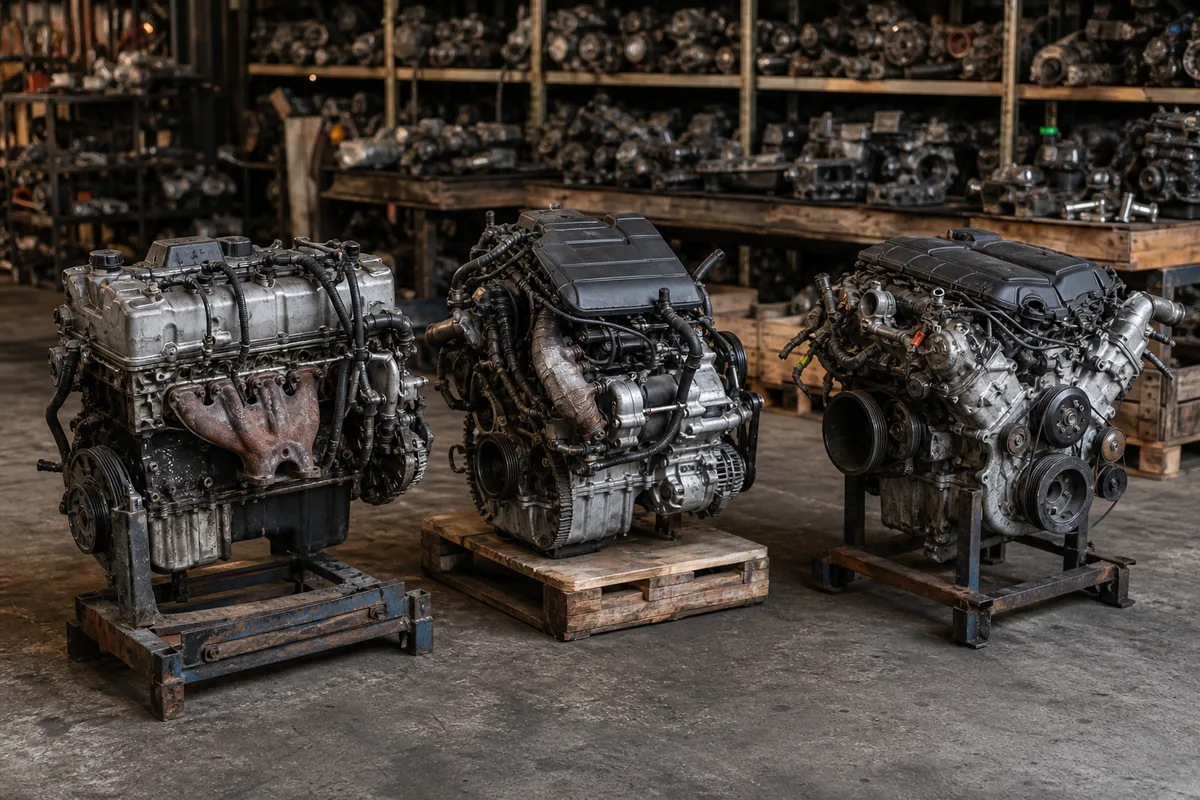 Comparaison de trois blocs moteurs préparés dans un atelier de mécanique automobile